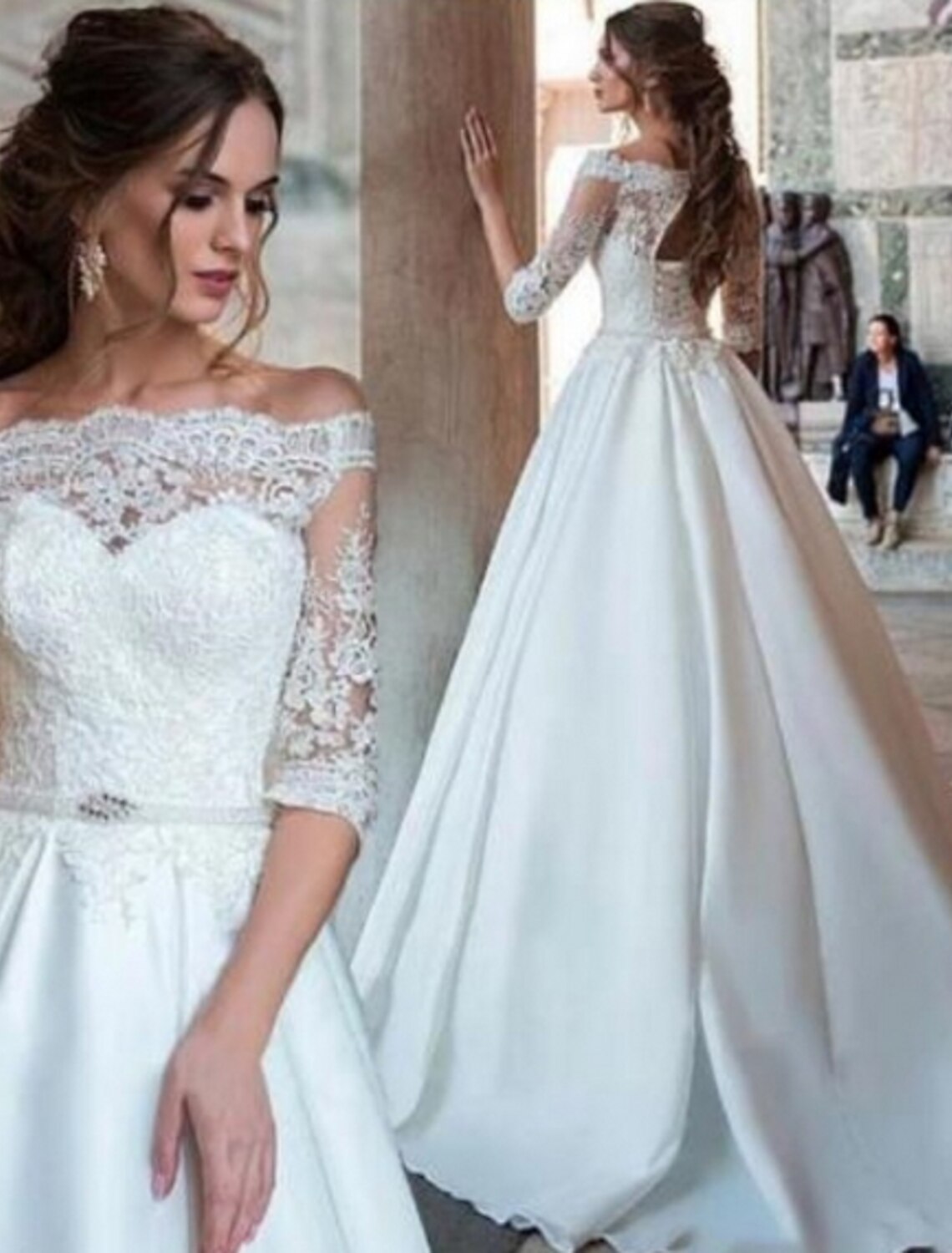 wholesale  Engagement Formal Fall Wedding Dresses Ball Gown Off Shoulder Half Sleeve Sweep / Brush Train Satin Bridal Gowns With Pleats Appliques