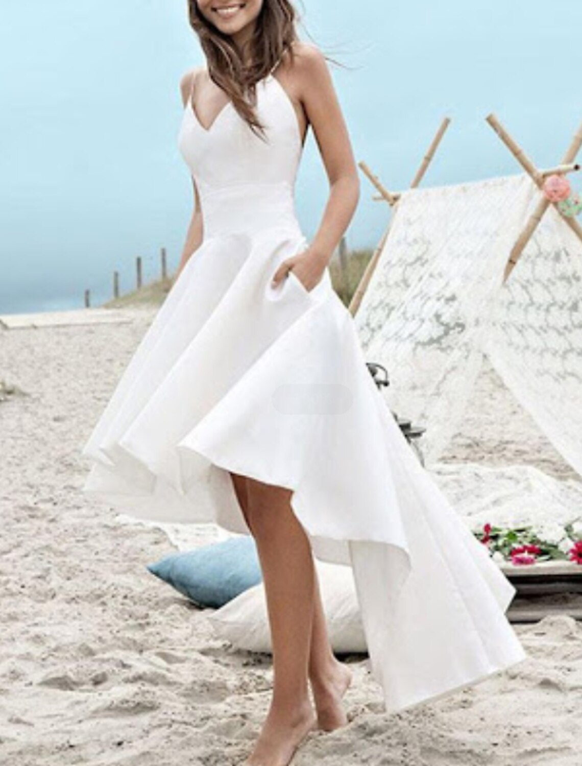 Wholesa Beach Little White Dresses Wedding Dresses A-Line Camisole V Neck Spaghetti Strap Asymmetrical Satin Bridal Gowns With Pleats