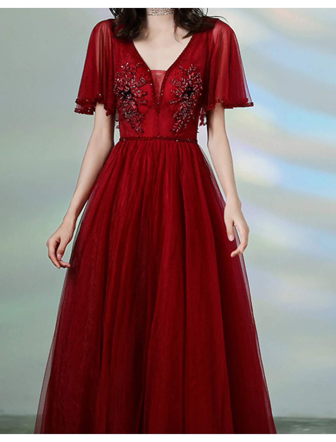 wholesale  A-Line Prom Dresses Luxurious Dress Wedding Guest Formal Evening Floor Length Short Sleeve Spaghetti Strap Tulle with Beading Appliques