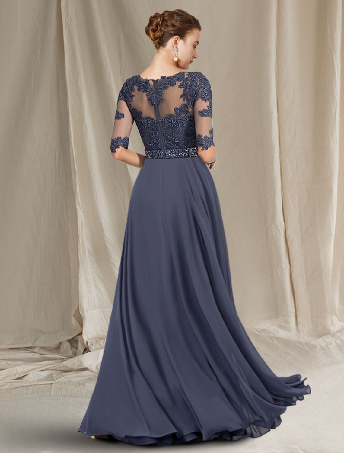 wholesale  A-Line Mother of the Bride Dress Luxurious Elegant Jewel Neck Floor Length Chiffon Lace Tulle Half Sleeve with Crystals Appliques
