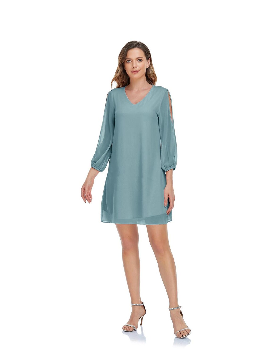 wholesa A-Line Empire Homecoming Cocktail Party Dress V Neck 3/4 Length Sleeve Short / Mini Chiffon with Slit Pure Color