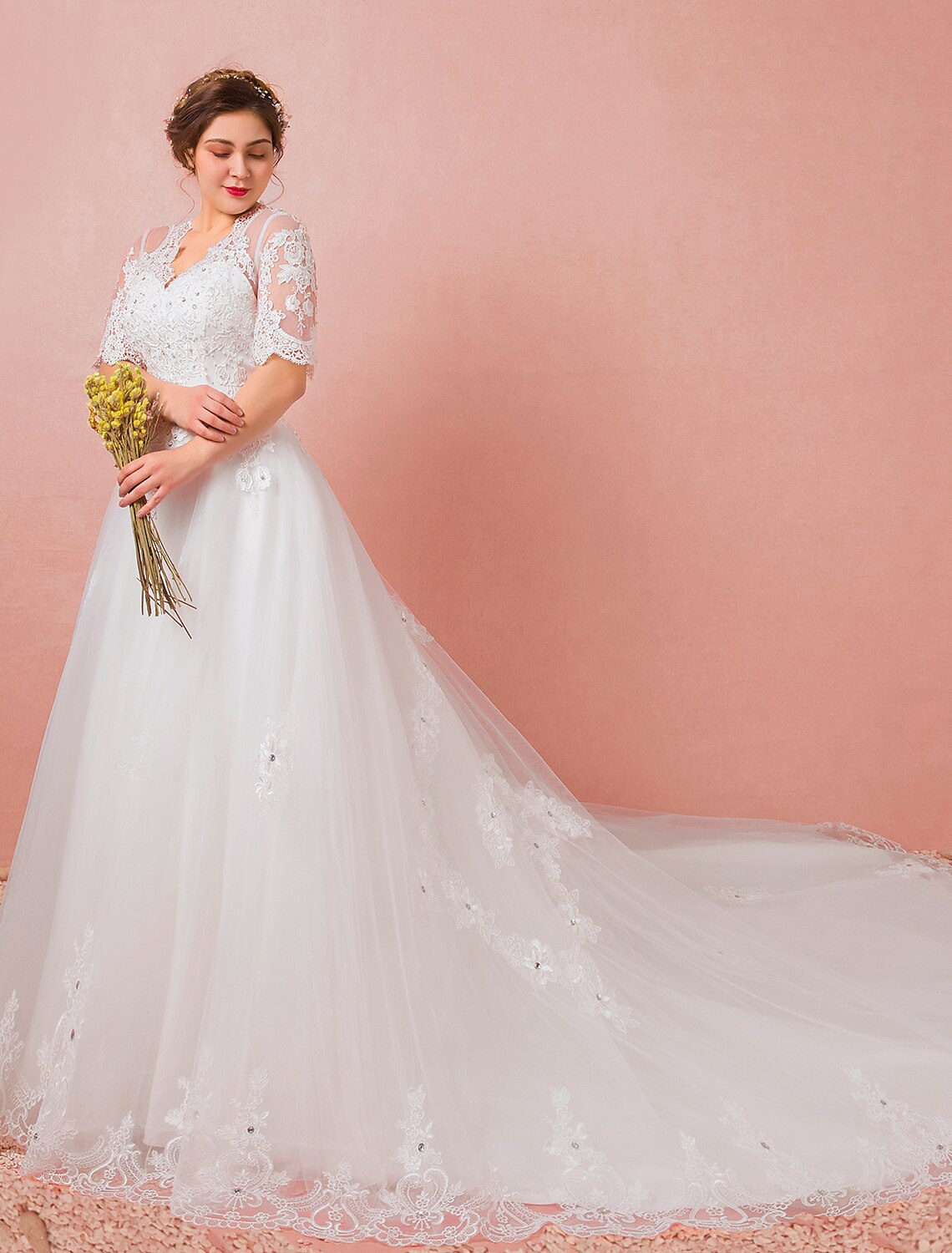 wholesale  Hall Wedding Dresses A-Line V Neck Half Sleeve Cathedral Train Satin Bridal Gowns With Lace Crystals