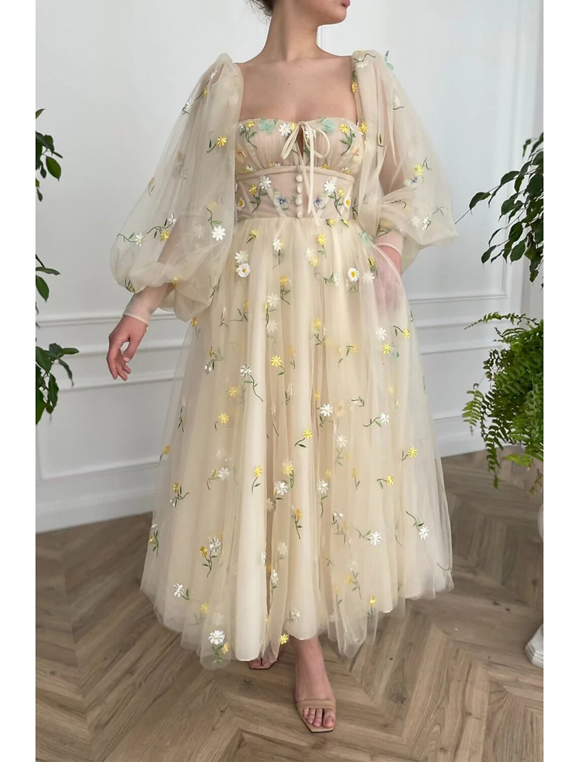 Wholesa A-Line Prom Party Dress Floral Dress Wedding Guest Engagement Ankle Length Long Sleeve Sweetheart Lace Backless with Pleats Ruched