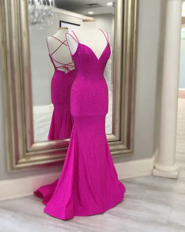 Double‑Strap Fuchsia Sequin Crisscross‑Back Mermaid Prom Dress