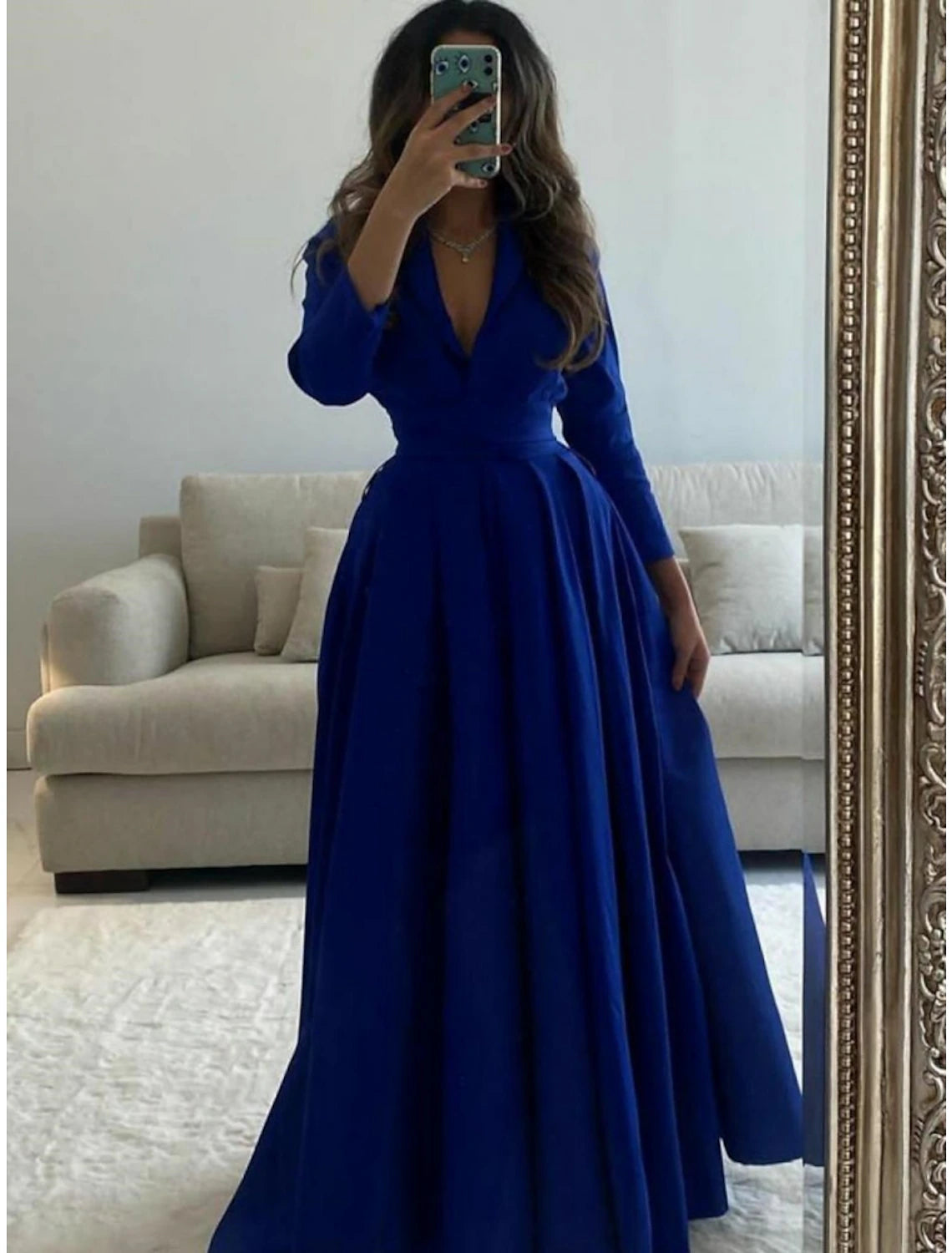 Wholesa A-Line Evening Gown Elegant Dress Formal Floor Length 3/4 Length Sleeve V Neck Satin with Pleats