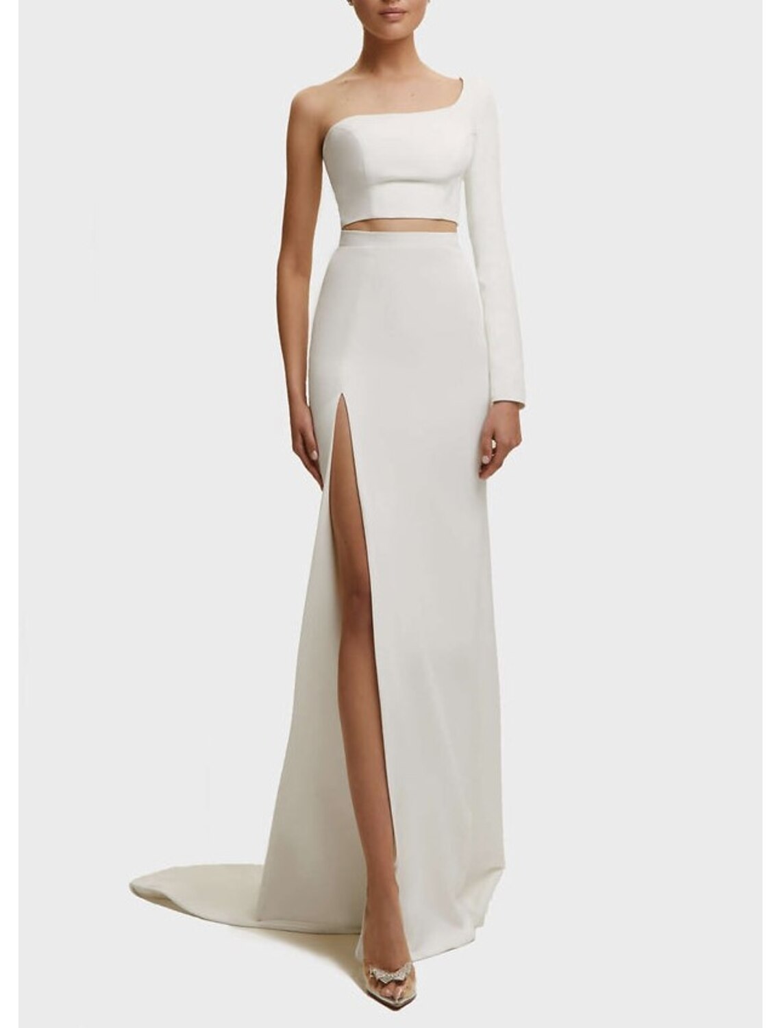 wholesale  Sheath / Column Minimalist Sexy Prom Birthday Dress One Shoulder Long Sleeve Court Train Satin with Slit Pure Color