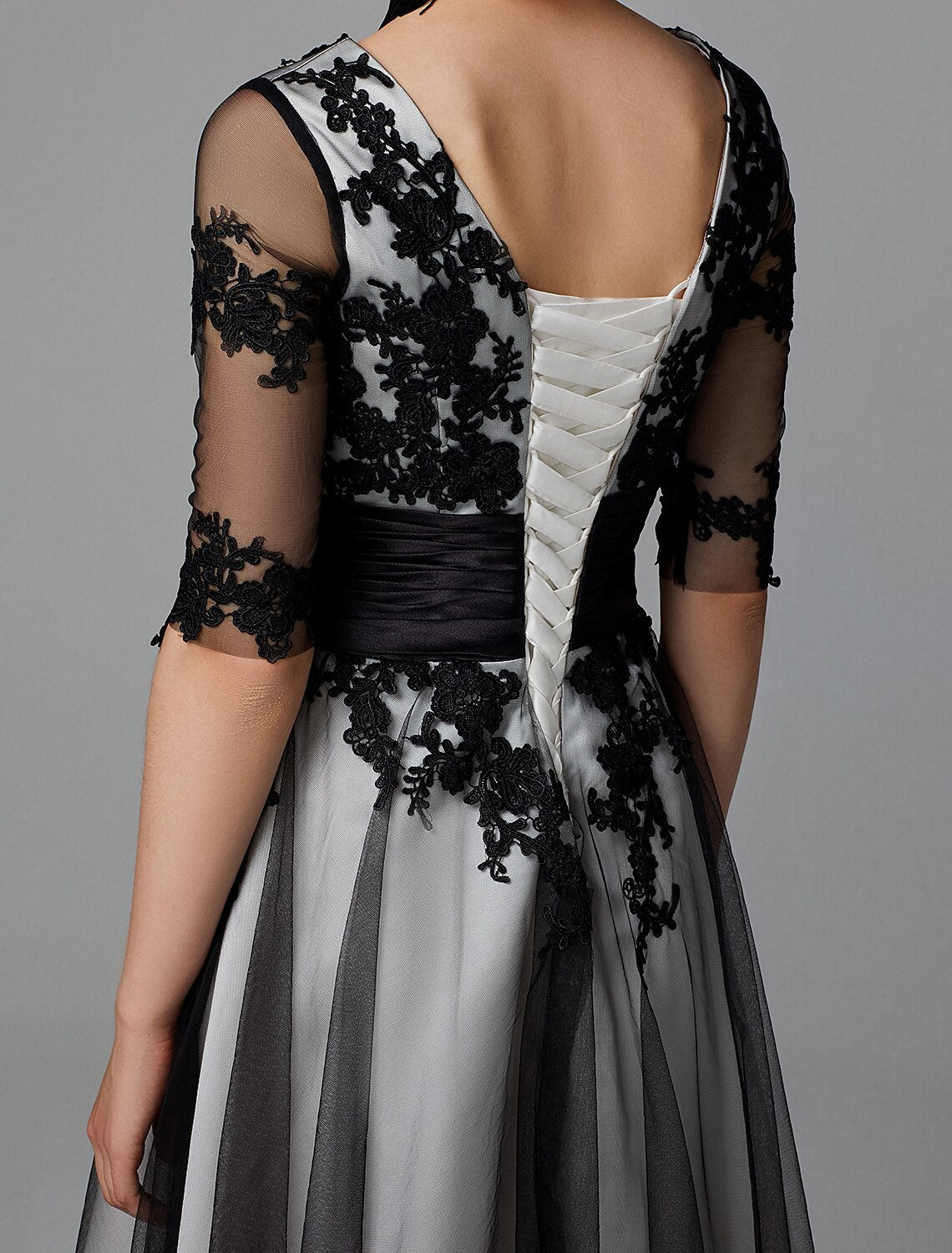 wholesale  A-Line Vintage Dress Wedding Guest Cocktail Party Tea Length Half Sleeve Jewel Neck Fall Wedding Guest Lace with Sash / Ribbon Appliques