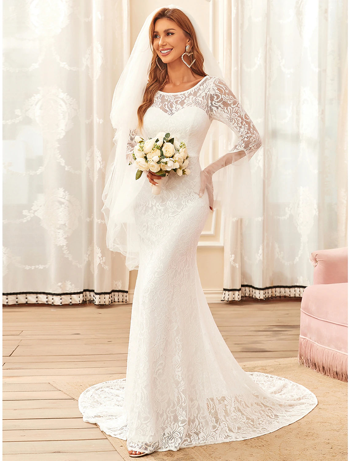 wholesale Reception Boho Wedding Dresses Mermaid / Trumpet Illusion Neck Long Sleeve Sweep / Brush Train Lace Bridal Gowns With Lace