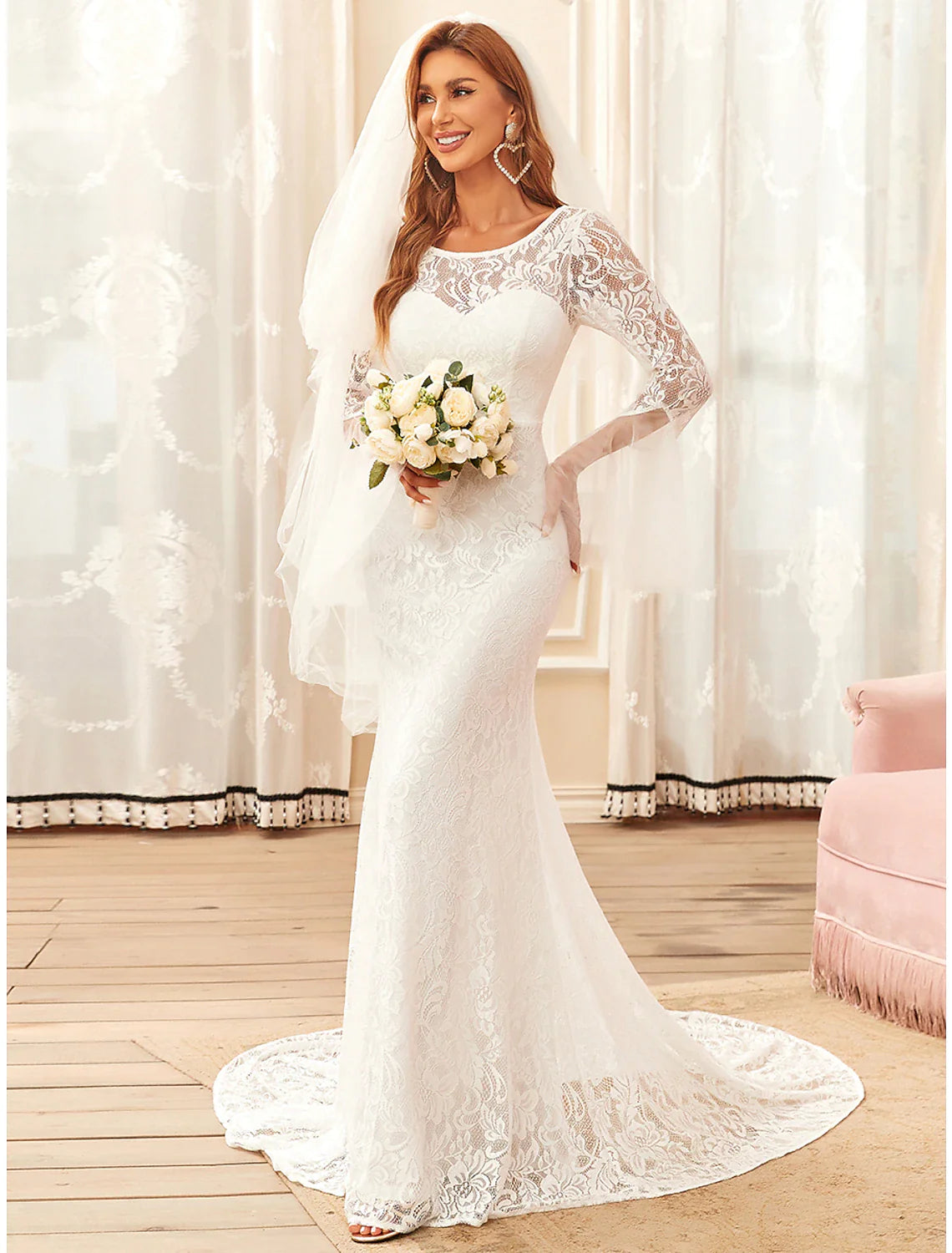 Wholesa Beach Boho Wedding Dresses Sweep / Brush Train Mermaid / Trumpet Long Sleeve Illusion Neck Lace With Lace