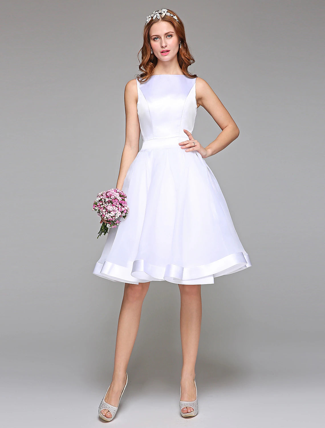Wholesa  Wedding Dresses A-Line Bateau Neck Regular Straps Knee Length Satin Bridal Gowns With Bowknot Sash / Ribbon