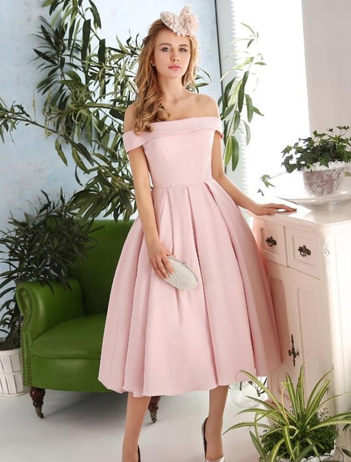 wholesale  A-Line Cocktail Dresses Vintage Dress Engagement Cocktail Party Tea Length Sleeveless Off Shoulder Stretch Fabric with Pleats