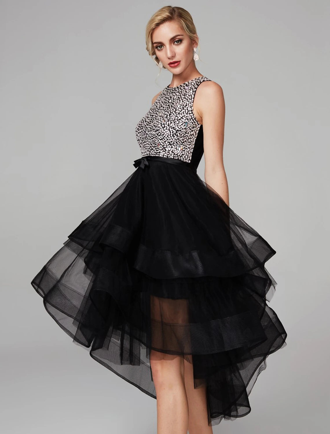 Wholesa Ball Gown Cocktail Black Dress Vintage Dress Halloween Masquerade Knee Length Sleeveless Jewel Neck The Great Gatsby Satin with Rhinestone Cascading Ruffles