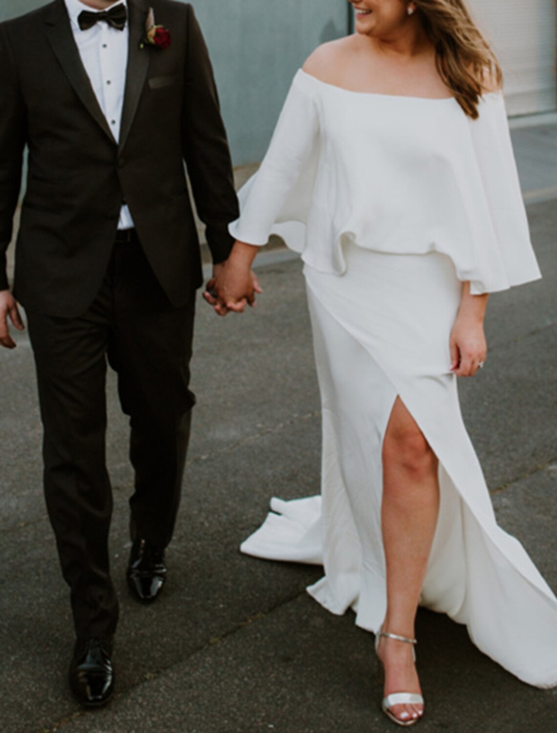 wholesale  A-Line Plus Size Curve Wedding Dresses Minimalist Dress Party Wear Sweep / Brush Train Half Sleeve Off Shoulder Stretch Fabric with Ruffles