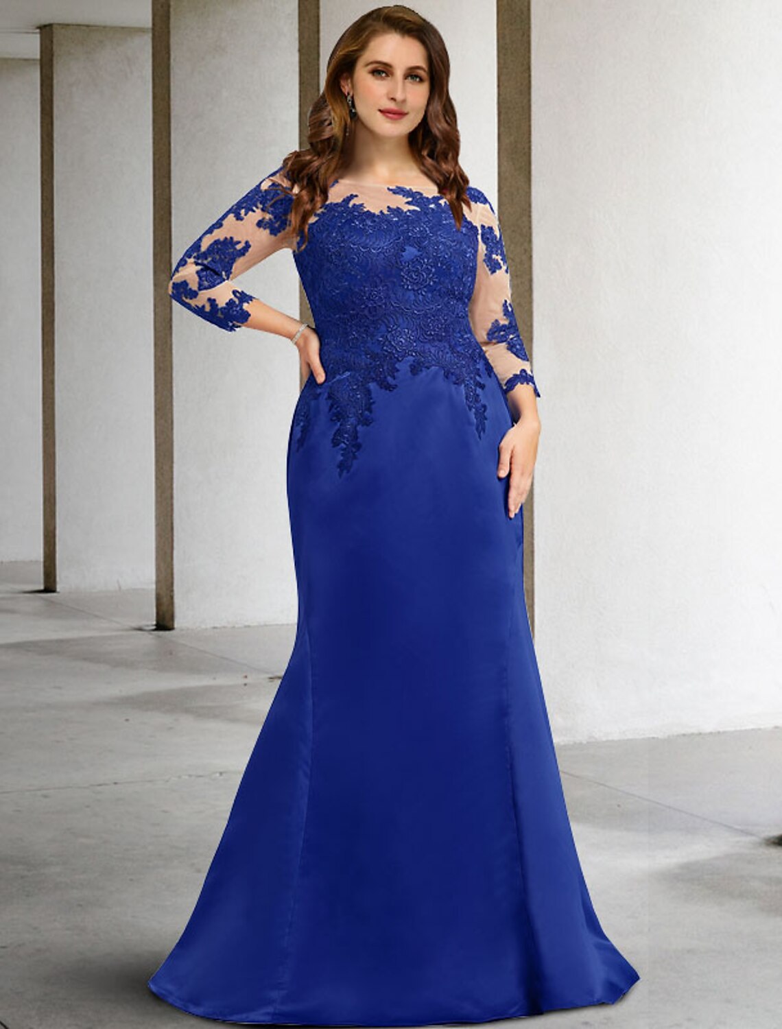 wholesale  Mermaid / Trumpet Mother of the Bride Dress Plus Size Hide Belly Elegant Jewel Neck Floor Length Chiffon Lace 3/4 Length Sleeve No with Appliques