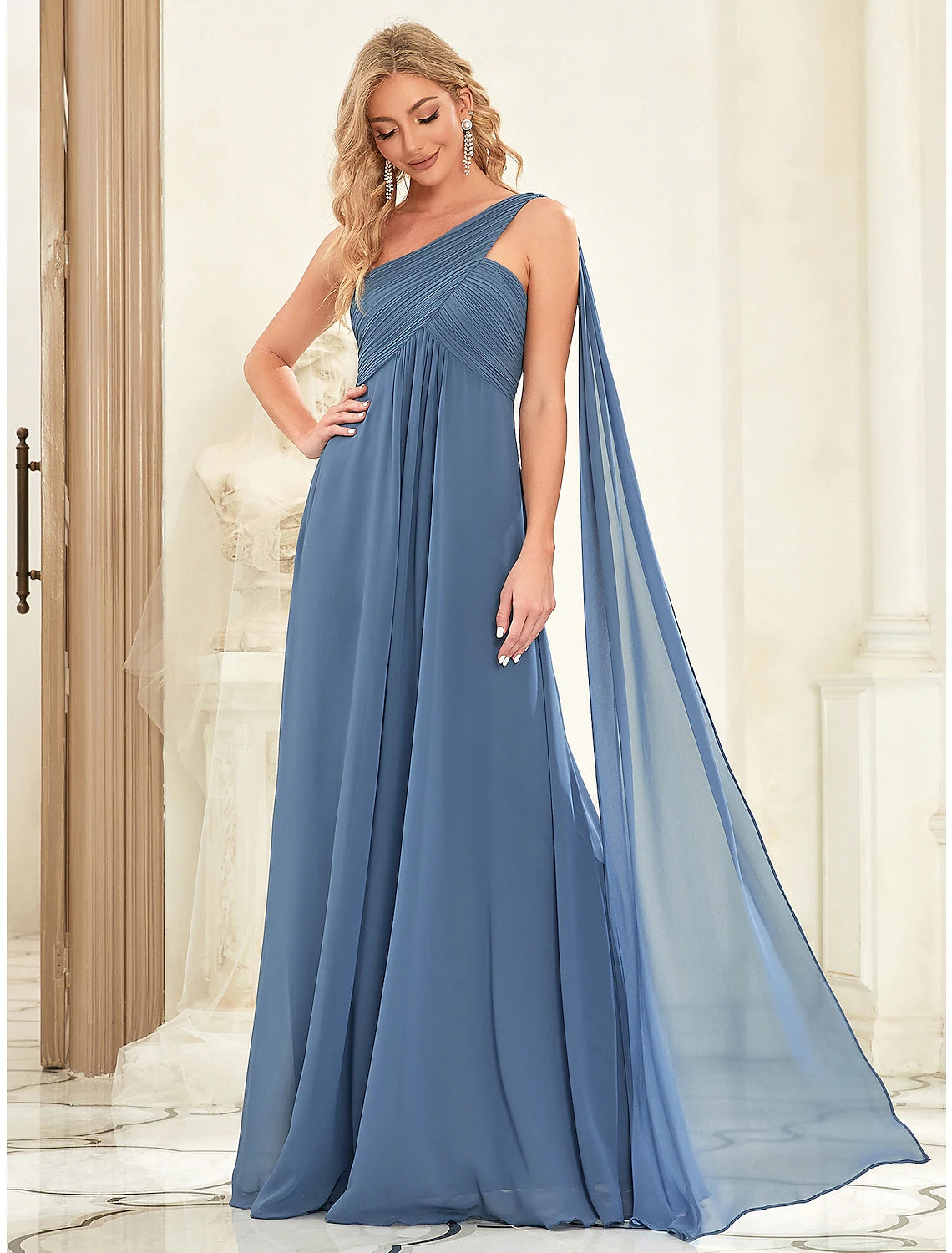 wholesale  A-Line Evening Gown Empire Dress Formal Evening Floor Length Sleeveless One Shoulder Bridesmaid Dress Chiffon Backless with Pleats Draping