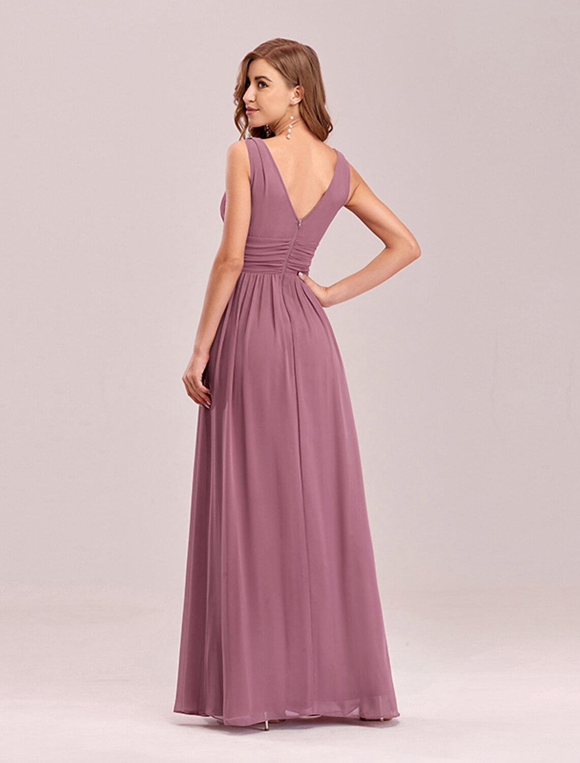 Wholesa A-Line Plus Size Wedding Guest Formal Evening Dress V Neck V Back Sleeveless Floor Length Chiffon with Pleats