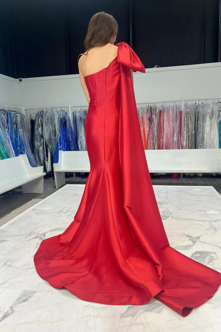 Dramatic One-Shoulder Bow-Trailing Red Satin Mermaid Prom Dress