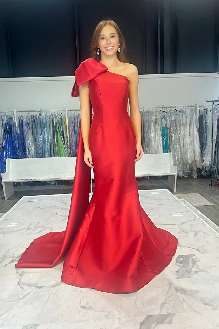 Dramatic One-Shoulder Bow-Trailing Red Satin Mermaid Prom Dress