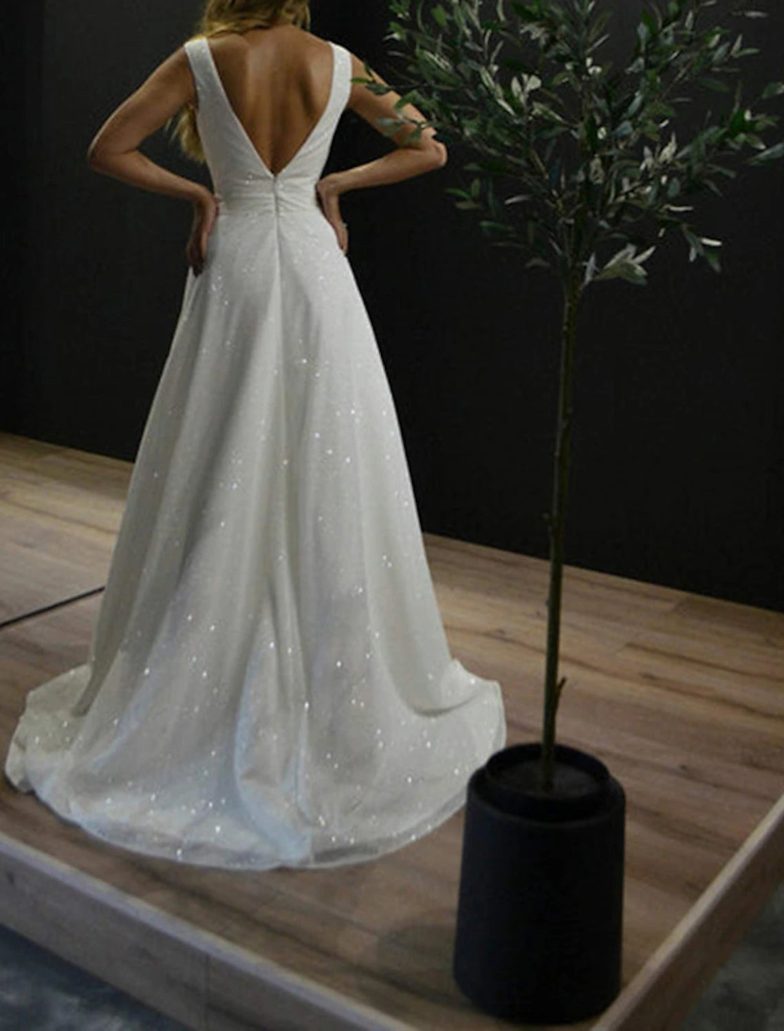 Wholesa  A-Line Prom Dresses Glittering Dress Wedding Party Birthday Sweep / Brush Train Sleeveless V Neck Fall Wedding Reception Tulle with Sequin