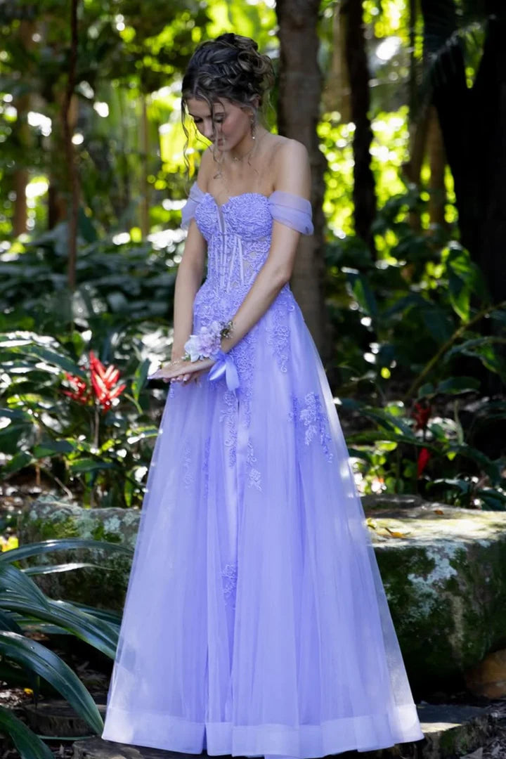 Dreamy Off-the-Shoulder Lace-Up Corset A-Line Prom Dress