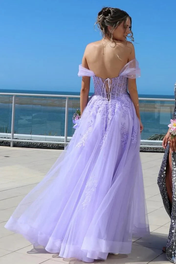 Dreamy Off-the-Shoulder Lace-Up Corset A-Line Prom Dress