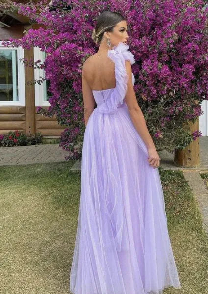 Dreamy One‑Shoulder Lavender Tulle A‑Line Prom Dress