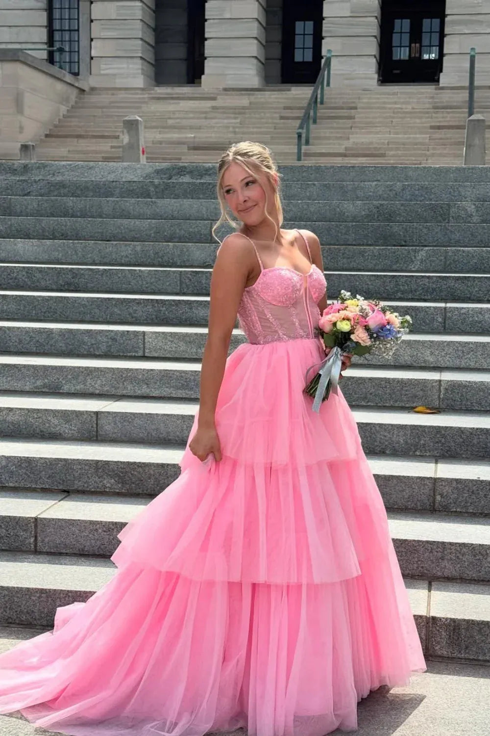 Dreamy Spaghetti-Strap Beaded Tiered Tulle Ball Gown Prom Dress