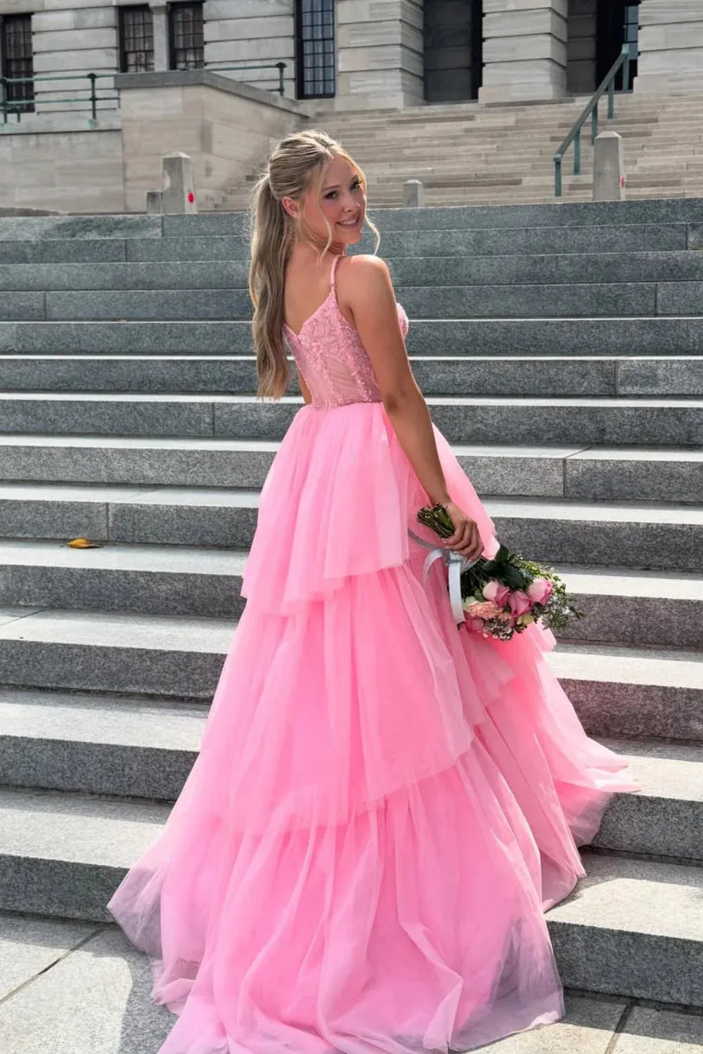 Dreamy Spaghetti-Strap Beaded Tiered Tulle Ball Gown Prom Dress
