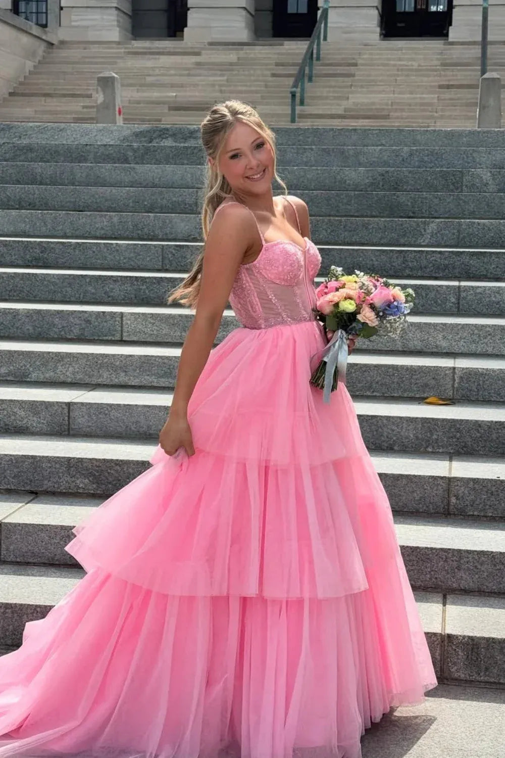 Dreamy Spaghetti-Strap Beaded Tiered Tulle Ball Gown Prom Dress