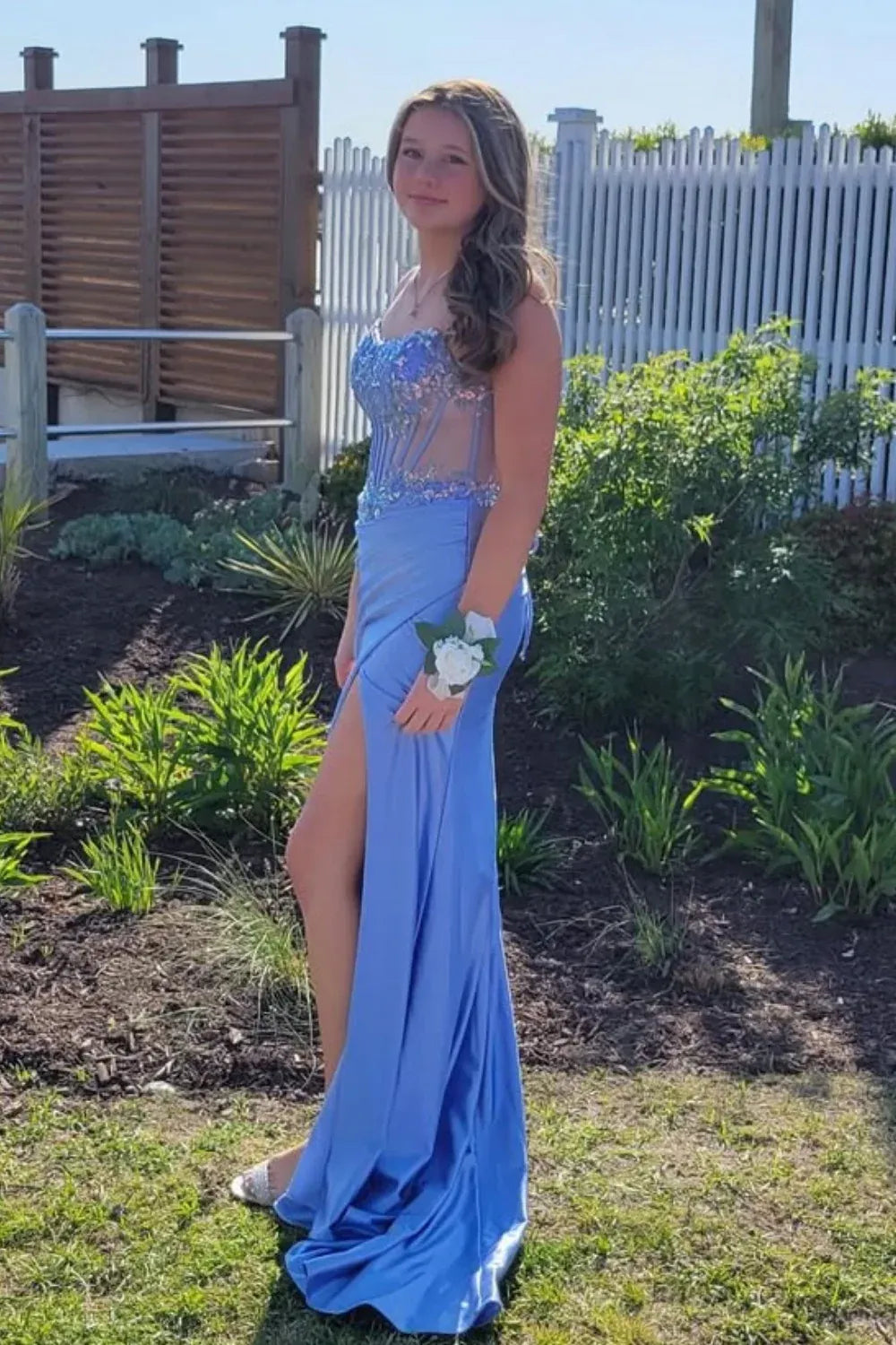 Dreamy Strapless Beaded Corset High-Slit Satin Prom Dress