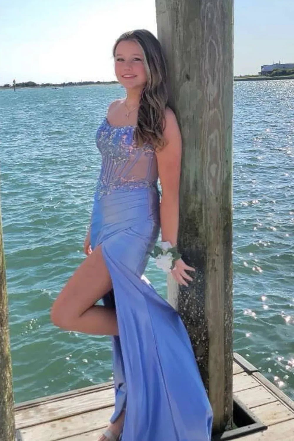 Dreamy Strapless Beaded Corset High-Slit Satin Prom Dress