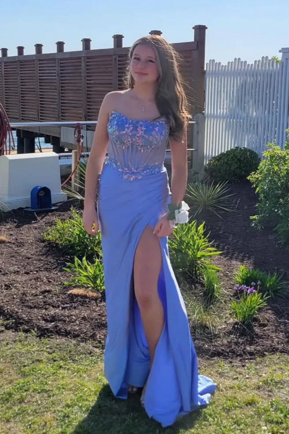 Dreamy Strapless Beaded Corset High-Slit Satin Prom Dress