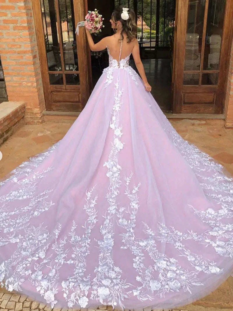 Wholesa A Line Sleeveless V-Neck Lace Wedding Dresses