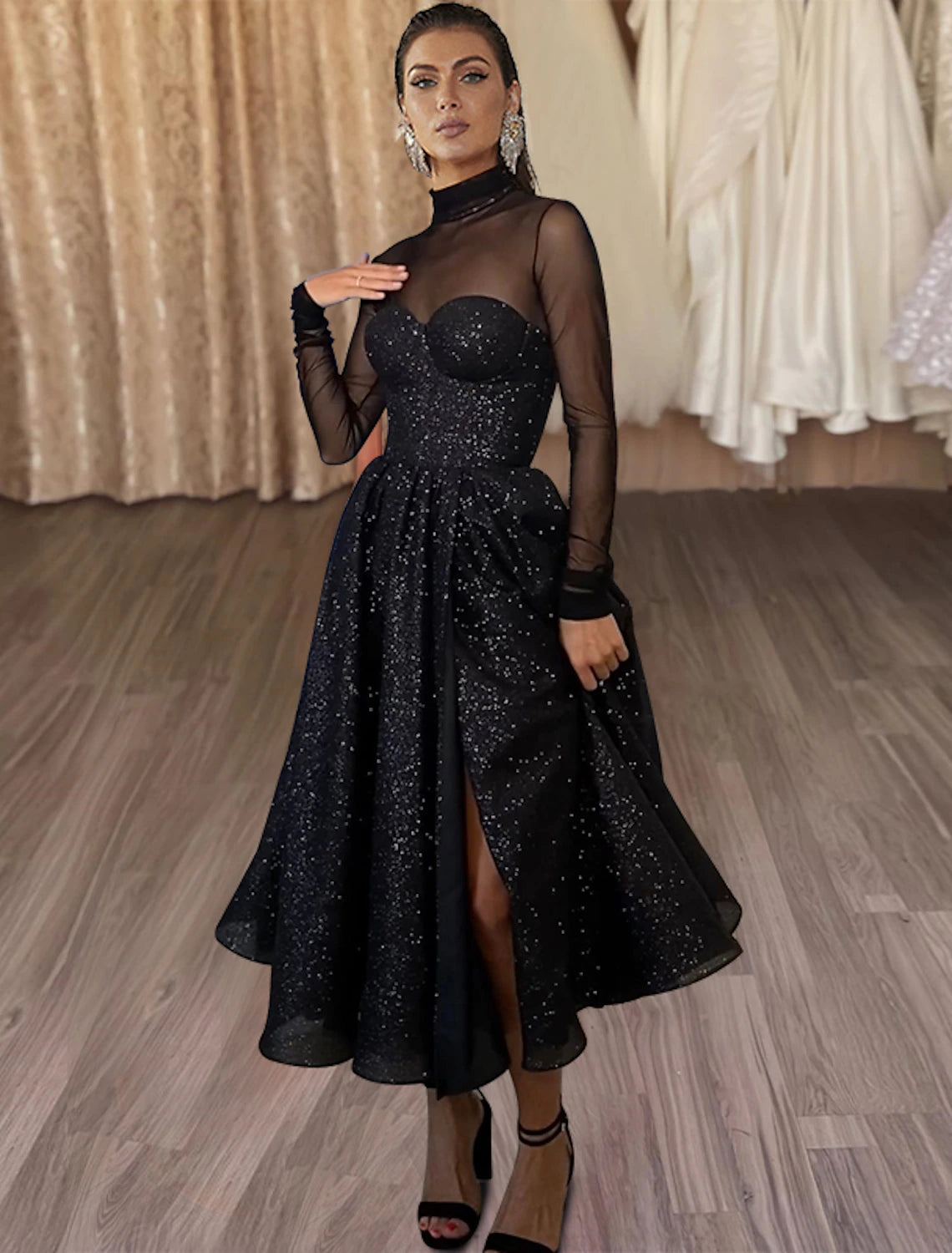 Wholesa  A-Line Cocktail Dresses Sparkle & Shine Dress Wedding Guest Party Wear Tea Length Long Sleeve High Neck Wednesday Addams Family Tulle with Glitter Slit