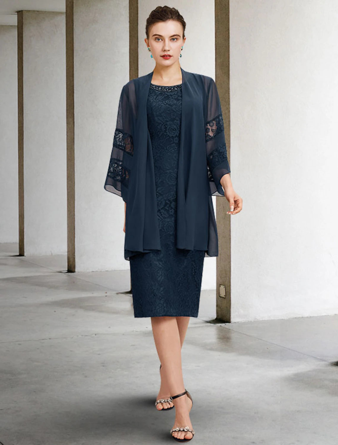 wholesale  Two Piece Sheath / Column Mother of the Bride Dress Wedding Guest Plus Size Elegant Jewel Neck Knee Length Chiffon Lace Sleeveless with Beading Appliques Fall