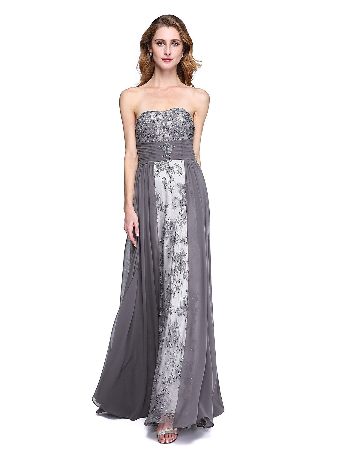 wholesale   A-Line Mother of the Bride Dress Wrap Included Strapless Floor Length Chiffon Beaded Lace Sleeveless yes with Ruched Beading Appliques