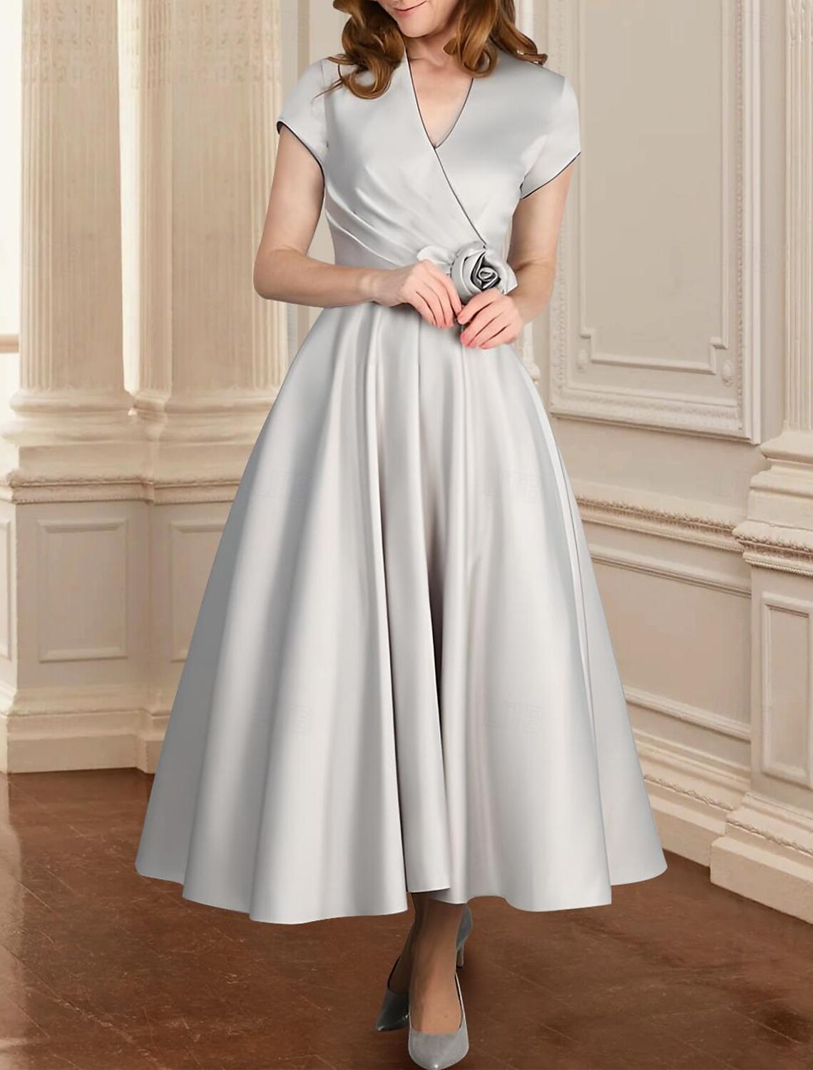 Wholesa A-Line Mother of the Bride Dress Kentucky Derby Dresses Formal Wedding Guest Elegant V Neck Tea Length Italy Satin Cap Sleeve with Ruching Flower Solid Color