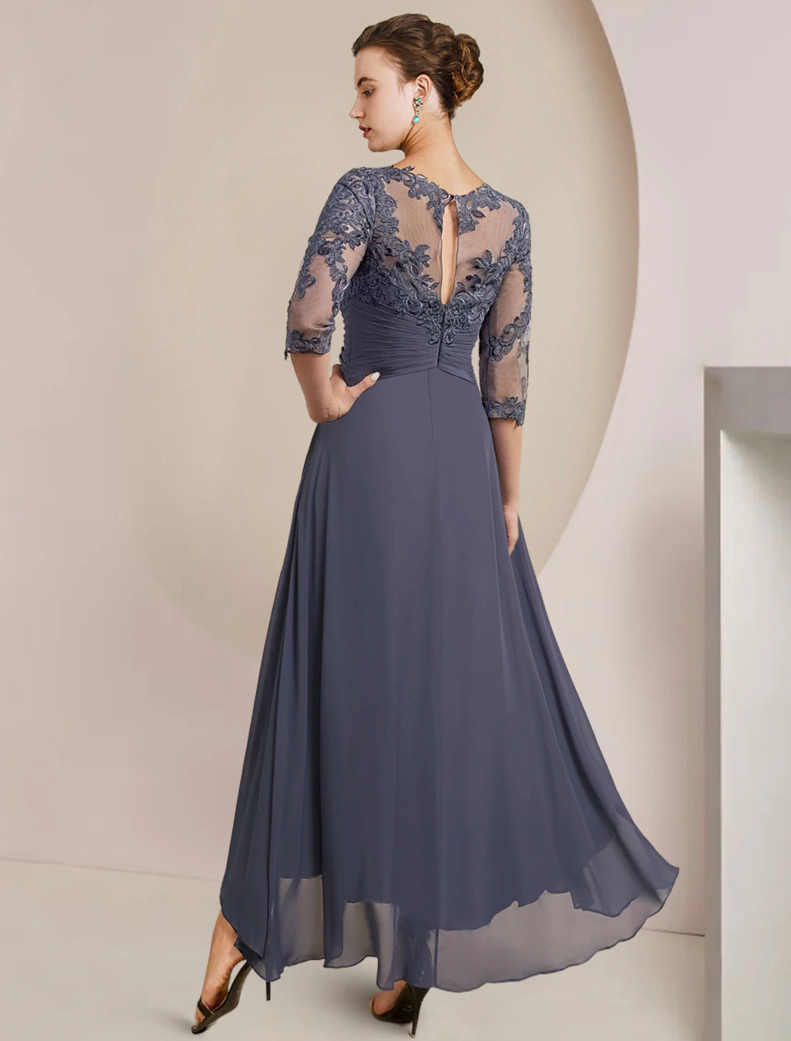 wholesale  A-Line Mother of the Bride Dress Wedding Guest Elegant High Low Scoop Neck Asymmetrical Tea Length Chiffon Lace 3/4 Length Sleeve with Pleats Appliques
