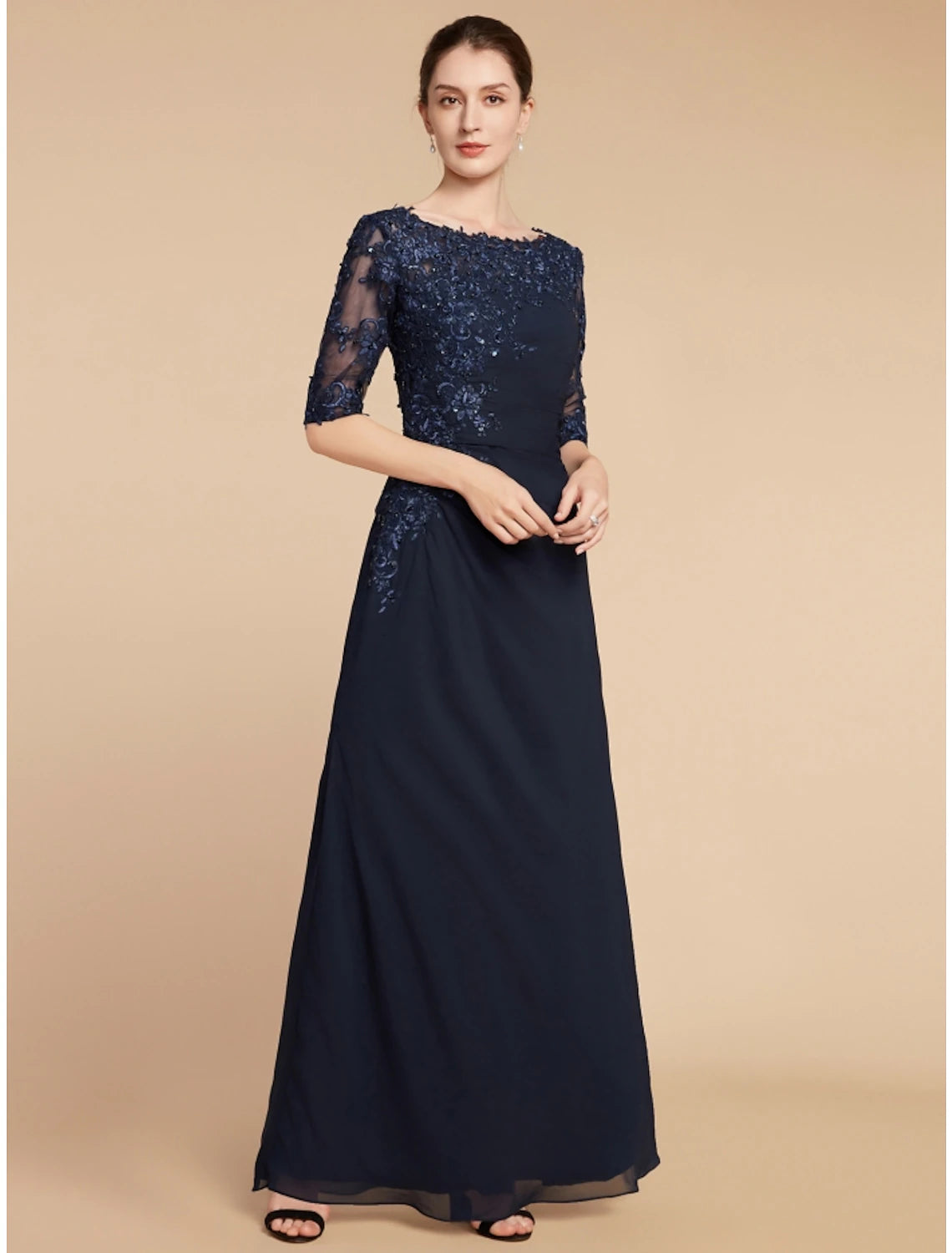 Wholesa Sheath / Column Mother of the Bride Dress Wedding Guest Elegant Scoop Neck Ankle Length Chiffon Lace Half Sleeve with Sequin Ruching Solid Color