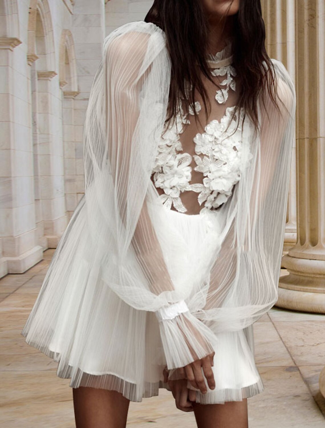 wholesale Reception Open Back Little White Dresses Wedding Dresses A-Line High Neck Long Sleeve Short / Mini Satin Bridal Gowns With Pleats Appliques
