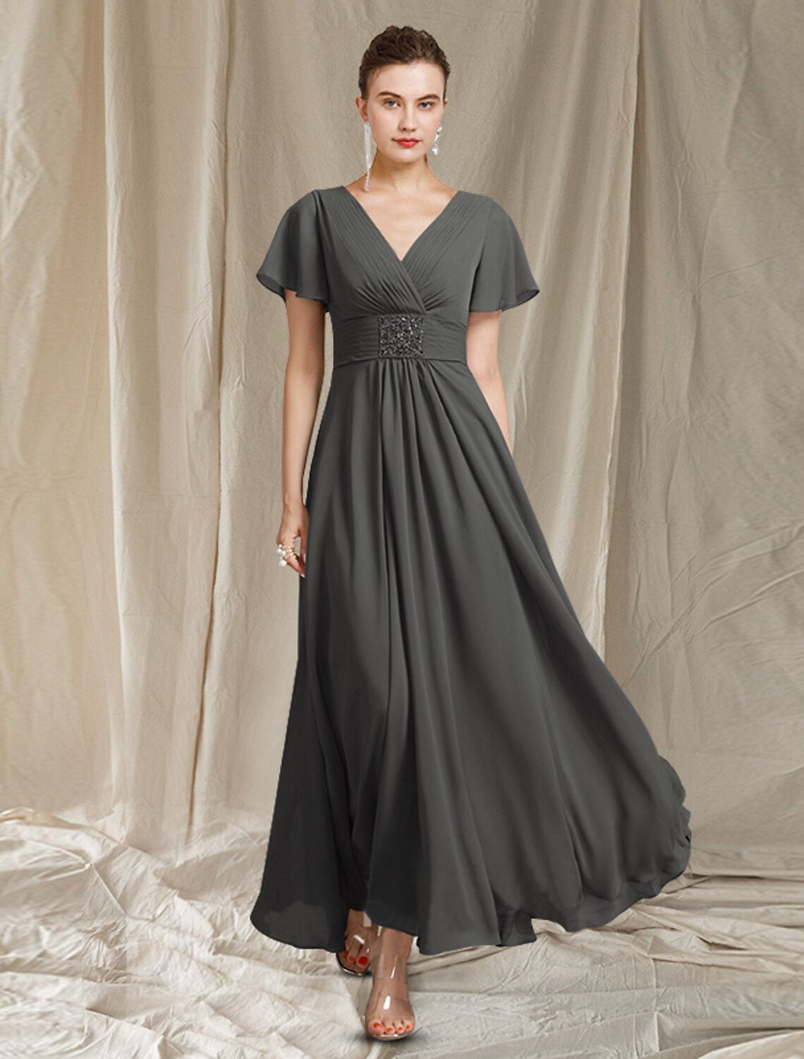 wholesale   A-Line Mother of the Bride Dress Elegant V Neck Ankle Length Chiffon Short Sleeve with Pleats Beading