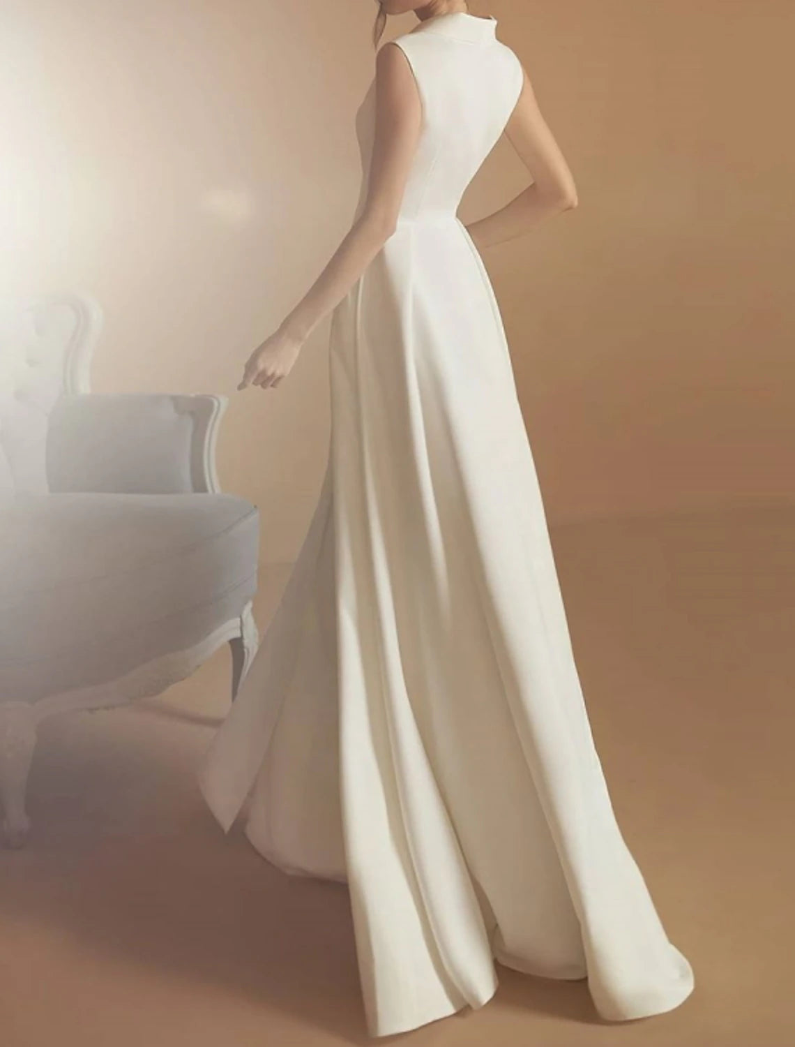 Wholesa  Hall Casual Wedding Dresses A-Line V Neck Sleeveless Floor Length Satin Bridal Gowns With Split Front