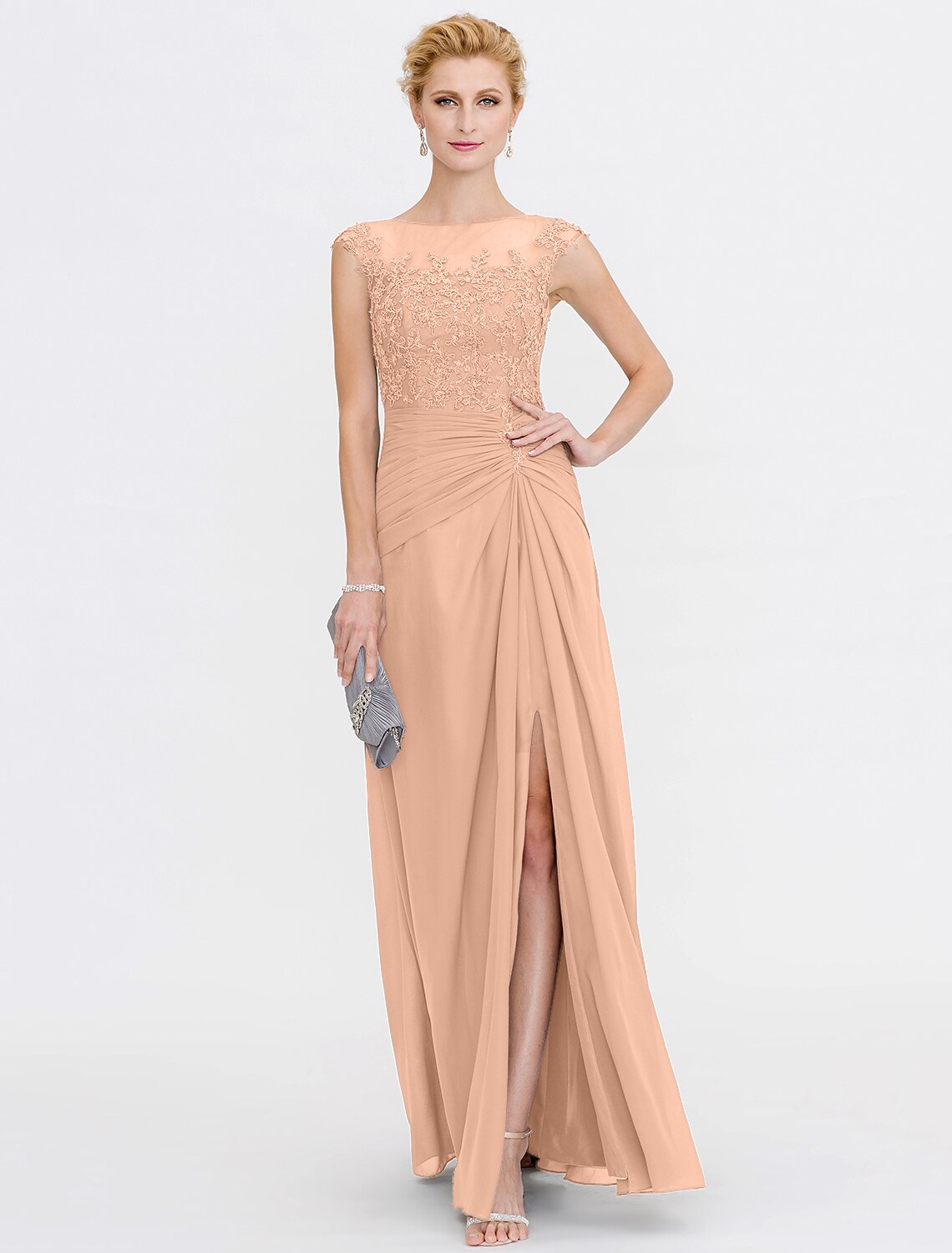 wholesale  A-Line Mother of the Bride Dress Wedding Guest Elegant See Through Bateau Neck Floor Length Chiffon Lace Sleeveless with Side Draping Fall