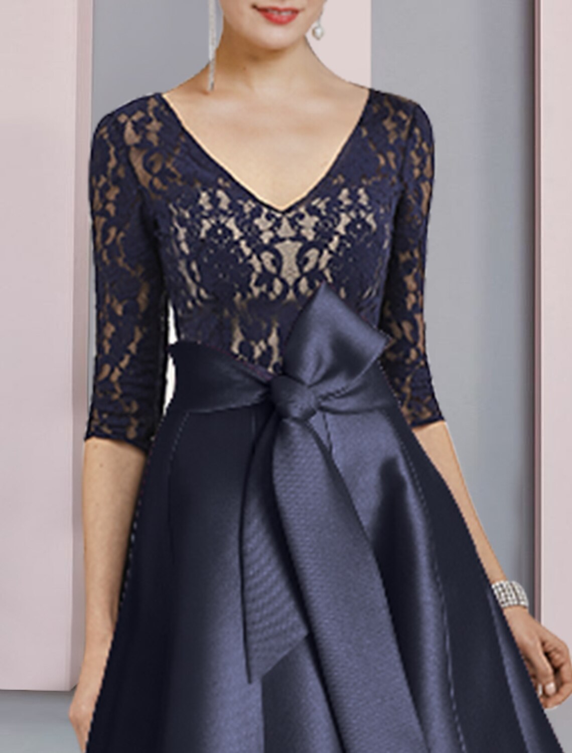 wholesale  A-Line Mother of the Bride Dress Wedding Guest Vintage Elegant V Neck Ankle Length Satin Lace Half Sleeve with Bow(s) Pleats