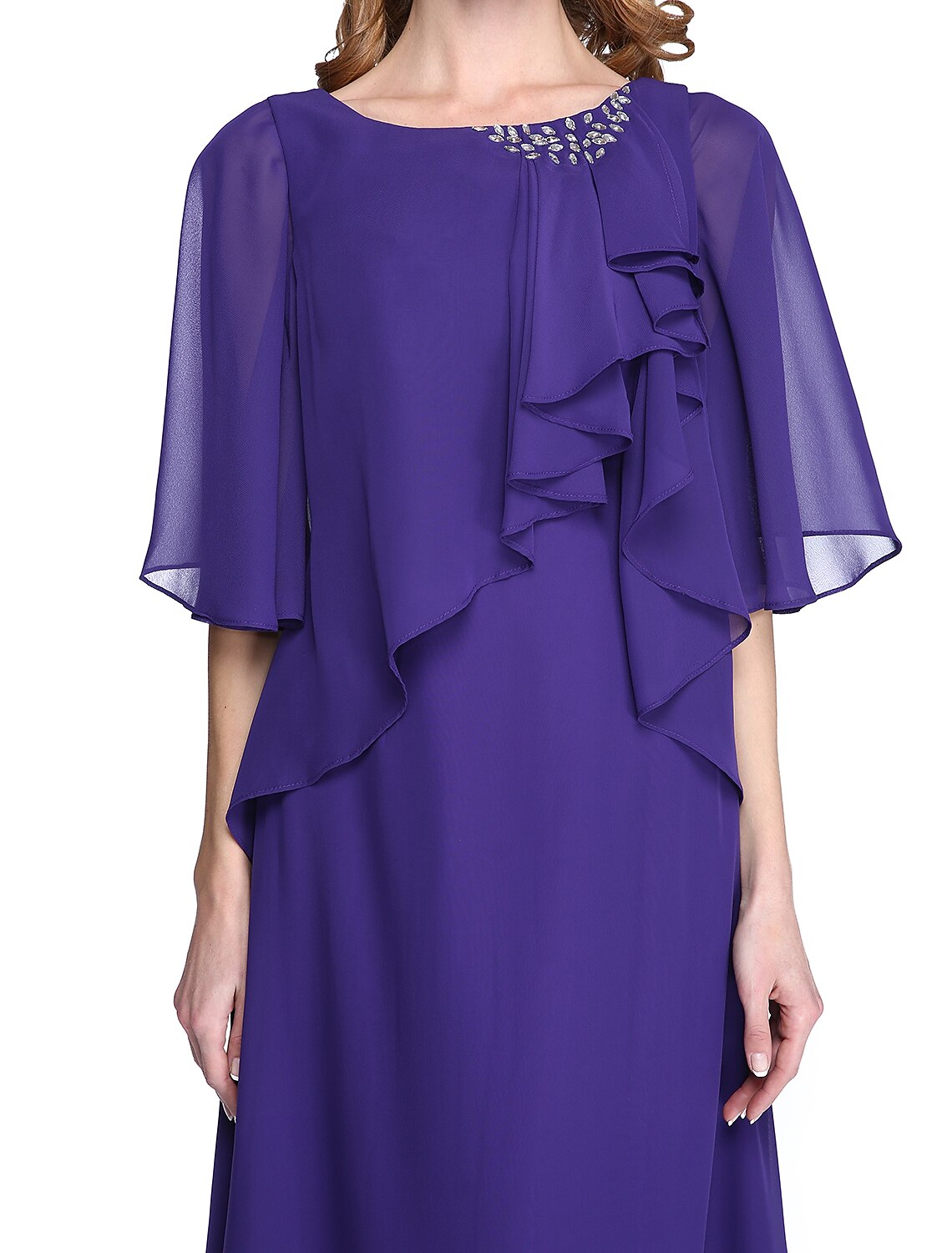 wholesale  Sheath / Column Mother of the Bride Dress Elegant Open Back Jewel Neck Floor Length Chiffon Half Sleeve with Pleats Beading Ruffle