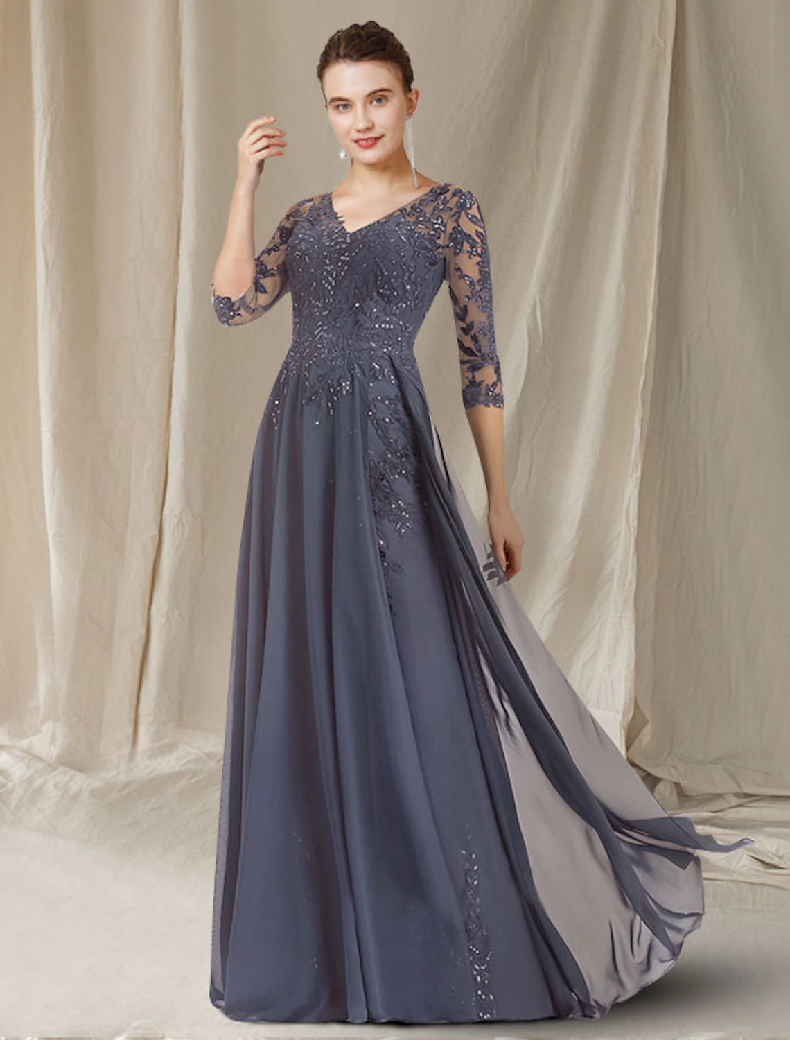 wholesale  A-Line Mother of the Bride Dress Elegant V Neck Floor Length Chiffon Lace Sequined Half Sleeve with Sequin Appliques