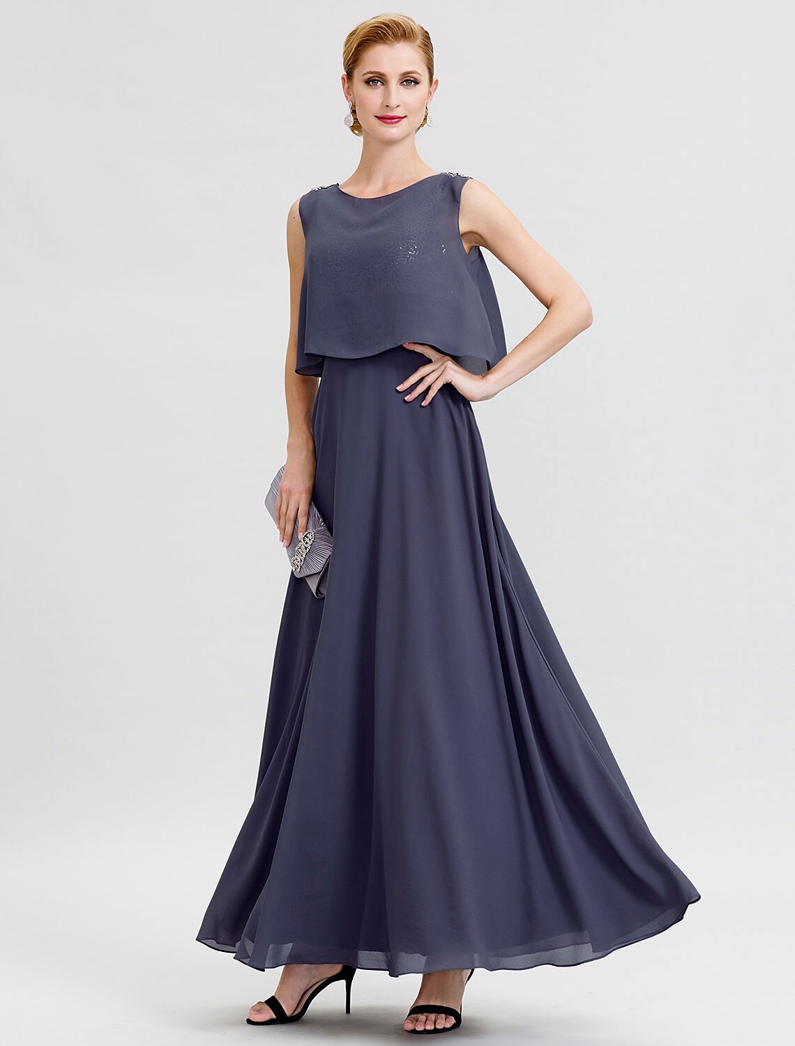 wholesale  A-Line Mother of the Bride Dress Formal Open Back Two Piece Jewel Neck Ankle Length Chiffon Sequined Sleeveless with Sashes / Ribbons Beading