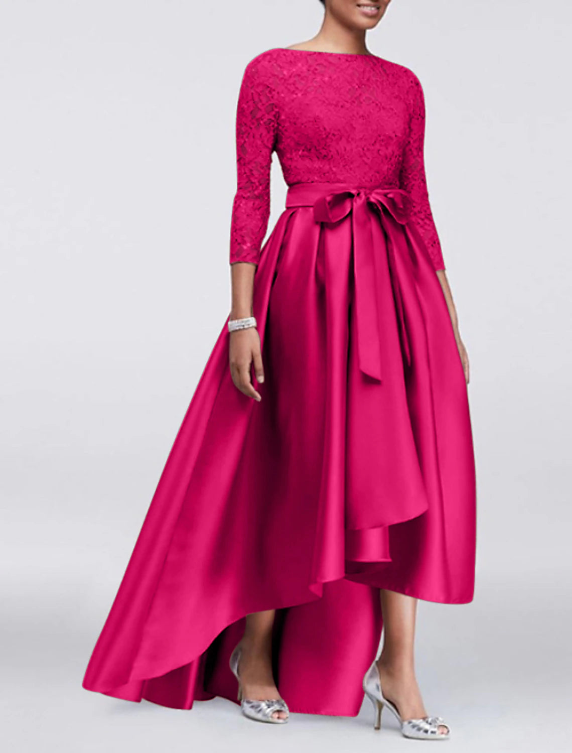 Wholesa A-Line Mother of the Bride Dress Wedding Guest Elegant Plus Size High Low Jewel Neck Asymmetrical Satin Lace 3/4 Length Sleeve with Sash / Ribbon Appliques