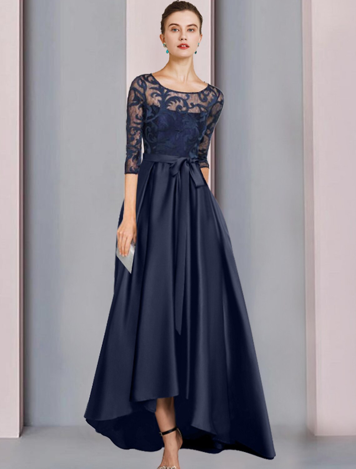 wholesale   A-Line Mother of the Bride Dress Wedding Guest Elegant High Low Scoop Neck Asymmetrical Floor Length Satin Lace Half Sleeve with Bow(s) Pleats Appliques