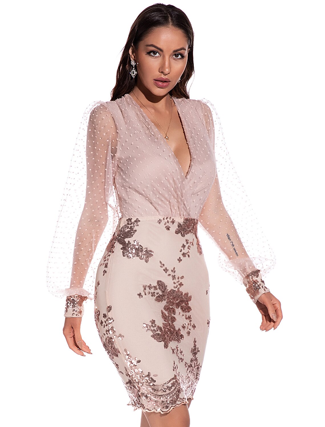 wholesa Sheath / Column Sexy bodycon Holiday Party Wear Dress V Neck Long Sleeve Short / Mini Spandex with Sequin Polka Dot / Illusion Sleeve